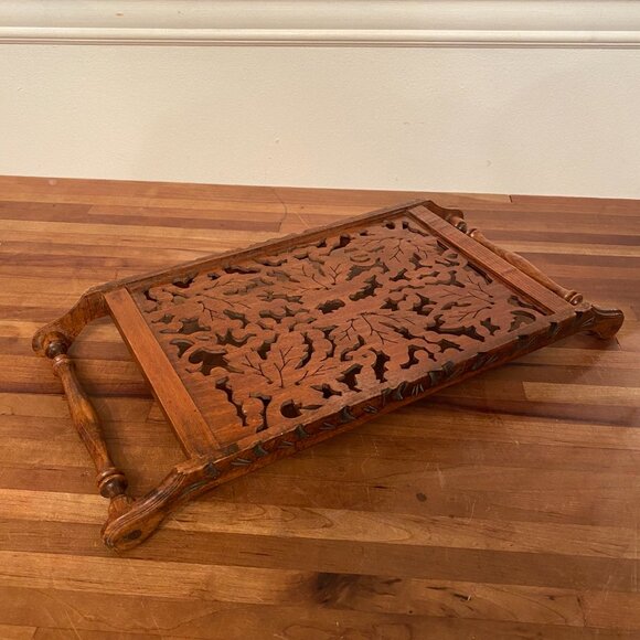 Wooden Serving Tray Rectangular Carved Decorative Leaf Ornate Design Wooden Tray - Picture 2 of 6